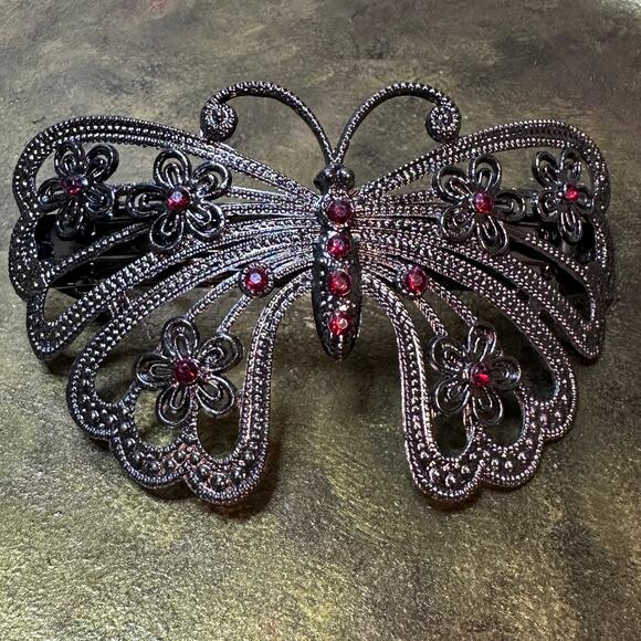 unknown Other - Vintage Ornate Filigree Butterfly Jeweled Metal Hair Clip Barrette